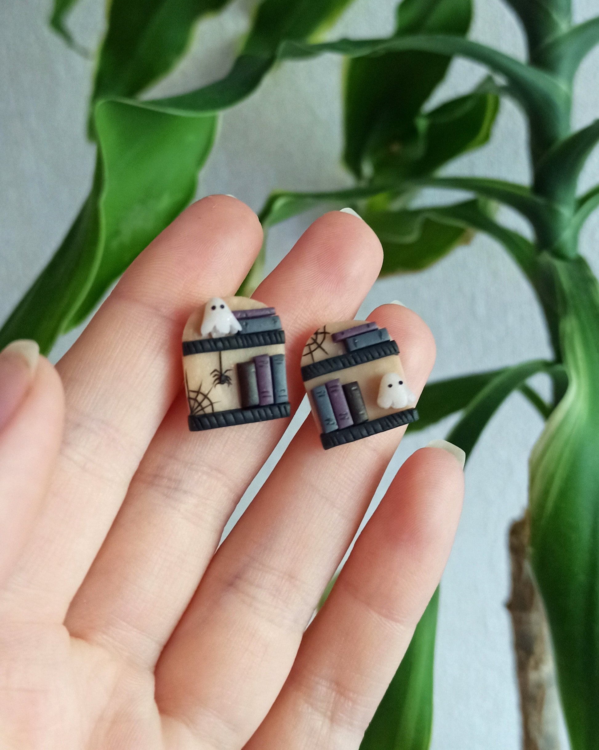 Halloween Ghost Earrings: Polymer Clay Book Studs, Witchy Booknerd Jewelry