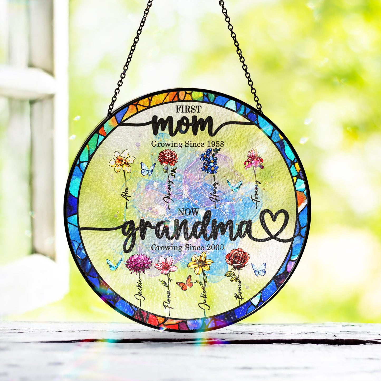 First Mom Now Grandma Stained Glass Suncather Personalized Birth Month Flower Window Hanging,Mother Day Gift,Gift for Mom,Grandma Home Decor